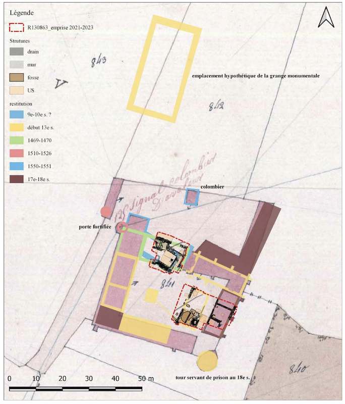 Plan général de la commanderie ; la grange et les futurs terrains à sonder se situent au nord.